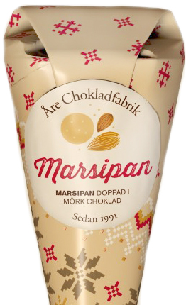 Marsipan doppad i mörk choklad i dekorativ strut, från Åre Chokladfabrik